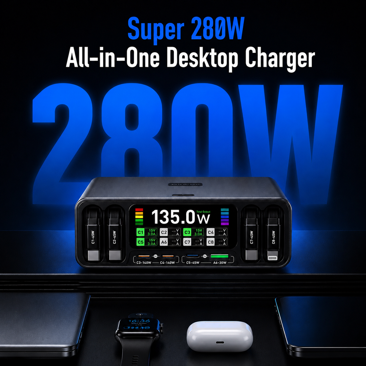280W 8-Port Retractable Desktop Charging Station with 4 -70cm Retractable USB-C Cables