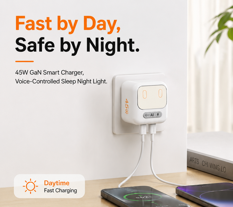 45W GaN Fast Charger with AI Voice Control Night Light | Foldable Wall Charger, iPhone, Android, iPad & Laptops