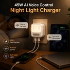 45W GaN Fast Charger with AI Voice Control Night Light | Foldable Wall Charger, iPhone, Android, iPad & Laptops