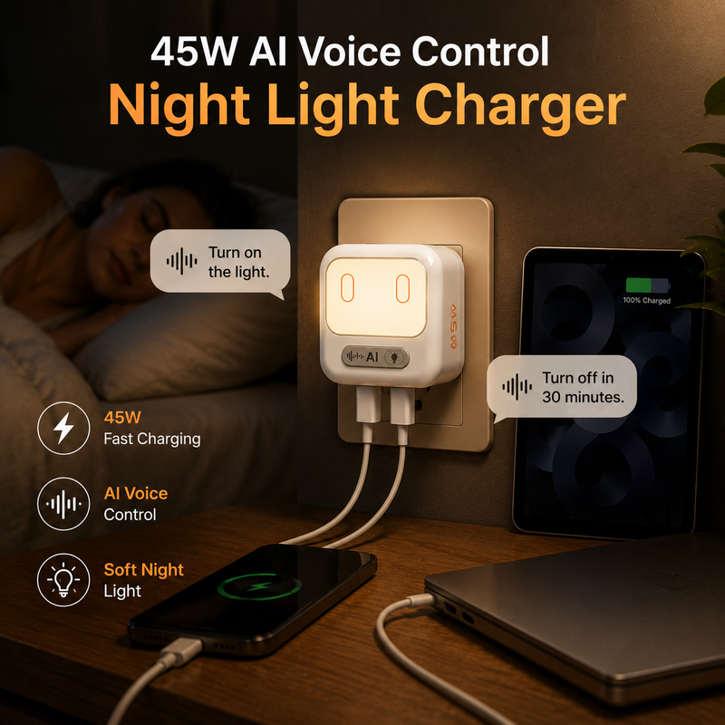 45W GaN Fast Charger with AI Voice Control Night Light | Foldable Wall Charger, iPhone, Android, iPad & Laptops