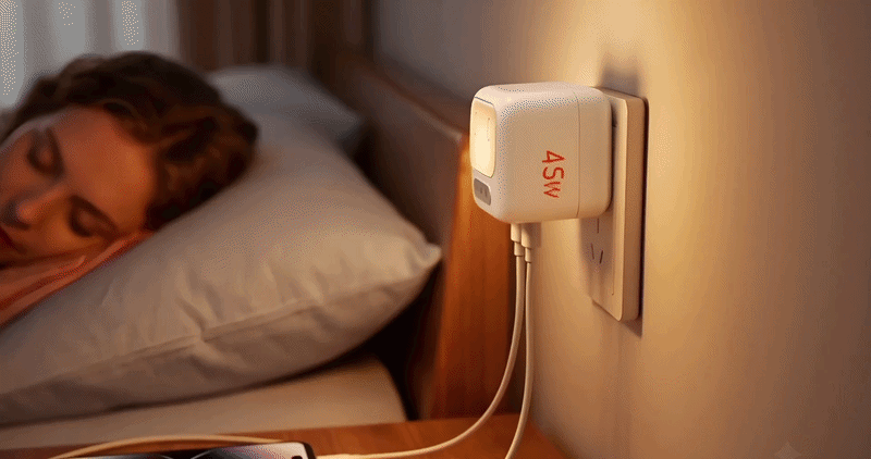 45W GaN Fast Charger with AI Voice Control Night Light | Foldable Wall Charger, iPhone, Android, iPad & Laptops